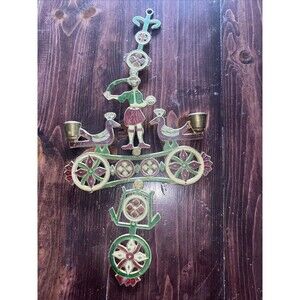 Vintage Metal Smaltotex Greek Orthodox Candle Holder Wall Hanging MCM Bird